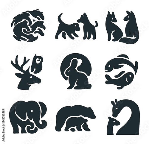 Animal Icon Grid. Solid, filled icons set of animal groupings and interactions: herd swirl, playful bond,