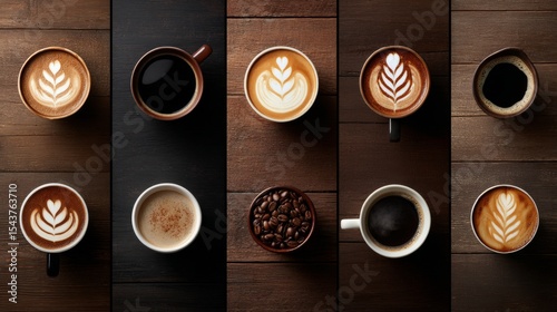 Coffee variety collage showing hot beverages and coffee beans on dark brown wooden surface.
