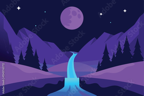 A serene night landscape featuring a flowing waterfall, mountains, and a full moon.