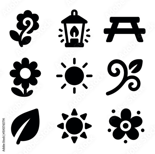 Spring Garden Icons. Solid, filled icons set of spring garden party elements: flower swirl, garden glow,