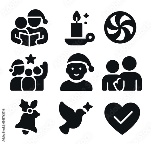 Holiday Tradition Icons. Solid, filled icons set of family holiday traditions: shared story, cozy light, sweet