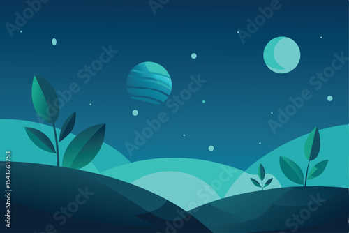 Abstract illustration of a night landscape with planets, hills, and foliage under a starry sky.