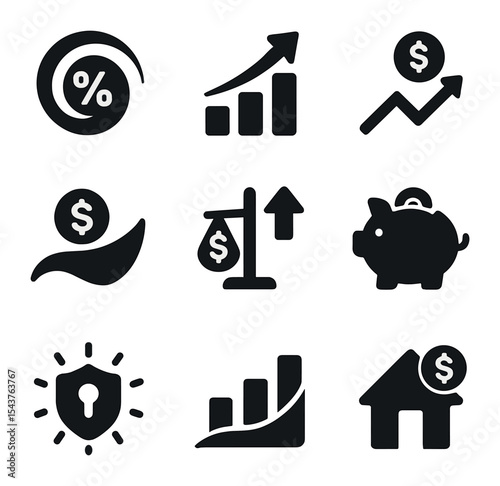 Financial Growth Icons. Solid, filled icons set of interest and compound growth: interest swirl, growth bar,