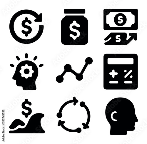 Smart Finance Icons. Solid, filled icons set of smart financial habits: budget swirl, save jar, cash flow,