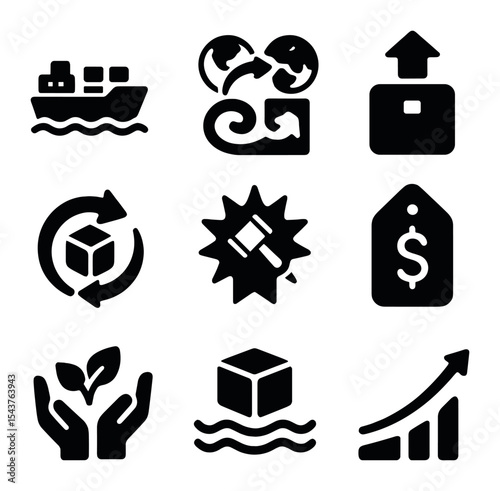 Trade Icon Collection. Solid, filled icons set of trade and commerce: cargo ship, trade route, export icon,