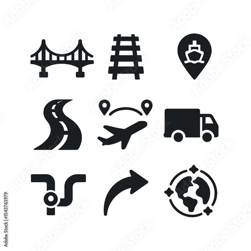 Infrastructure Icon Grid. Solid, filled icons set of infrastructure and connectivity: bridge icon, rail wave,