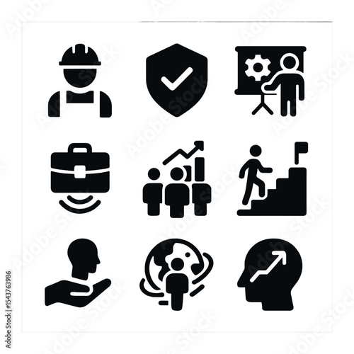 Skills Development Icons. Solid, filled icons set of workforce and skills development: worker icon, skills