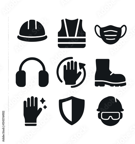 PPE Icon Set. Solid, filled icons set of personal protective equipment (PPE): hard hat, safety vest, face mask