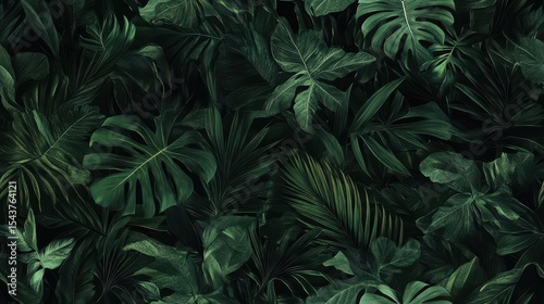 Tropical Leaves Seamless Pattern Design Featuring Lush Greenery with Vivid Detailing on Dark Background for Nature Inspired Decor