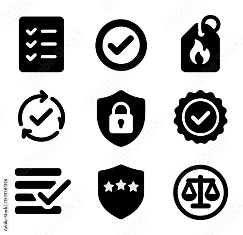 Quality Standards Icons. Solid, filled icons set of quality and safety standards: checklist icon, compliance