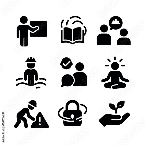 Accident Prevention Icons. Solid, filled icons set of accident prevention training: trainer icon, learning