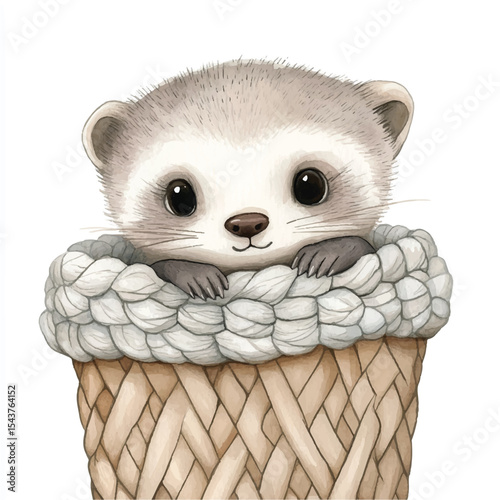 Adorable Ferret in a Knitted Basket Cozy