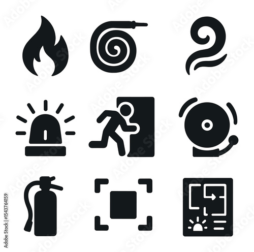 Fire Safety Icons. Solid, filled icons set of fire safety in production: flame icon, fire hose, smoke swirl,