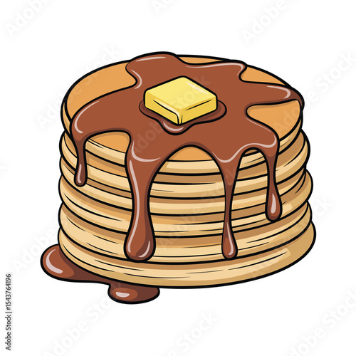 Golden Stack of Pancakes with Rich Chocolate Syrup and Butter