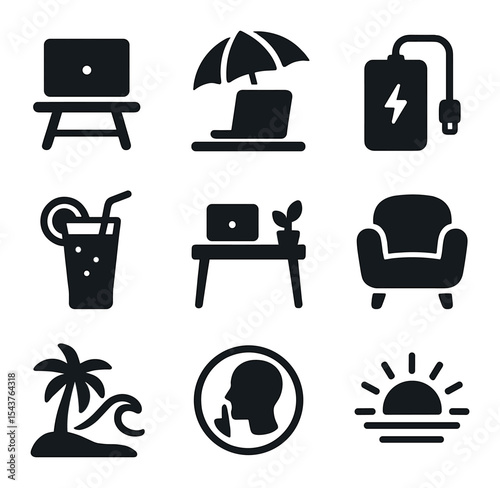 Tropical Office Icons. Solid, filled icons set of tropical office setup: laptop stand, sun shade, power bank,