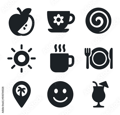 Local Culture Icons. Solid, filled icons set of local culture and flavors: fresh fruit, local cup, tropical