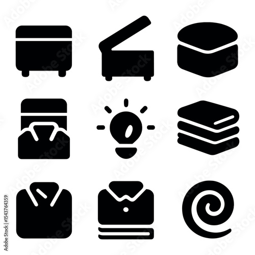 Hidden Storage Icons. Solid, filled icons set of hidden clothing storage in ottomans: storage ottoman, lift