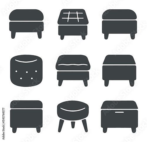 Chic Ottoman Icons. Solid, filled icons set of stylish and practical ottomans: chic ottoman, muted tone, soft