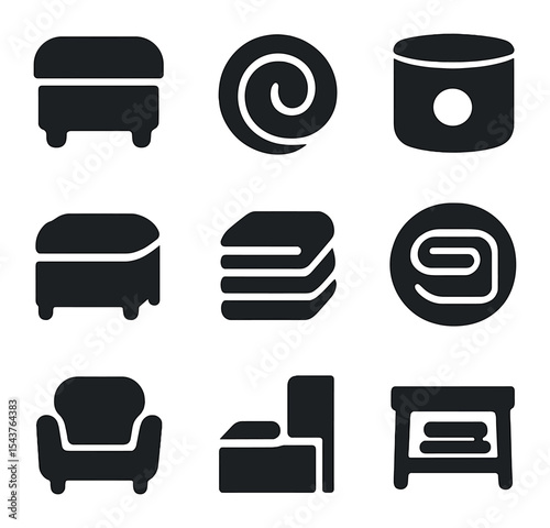 Space-Saving Storage Icons. Solid, filled icons set of small space clothing storage: small ottoman, neat swirl