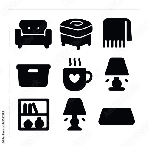 Cozy Living Room Icons. Solid, filled icons set of cozy living room storage: sofa seat, ottoman swirl, throw