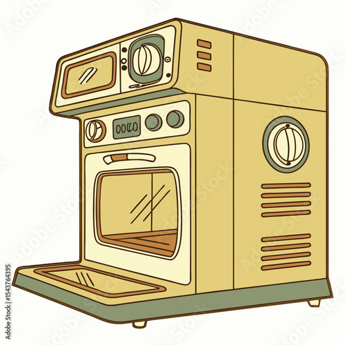 Illustration of a retro style oven with a glass door and various control knobs and dials displayed