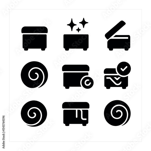 Decluttering Icon Set. Solid, filled icons set of decluttering with ottomans: clear space, neat glow, hidden