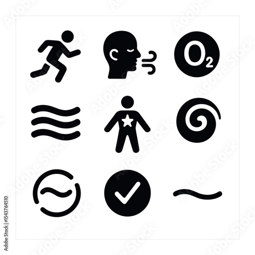 Breathing and Fitness Icons. Solid, filled icons set of breathing and fitness: runner icon, deep breath,