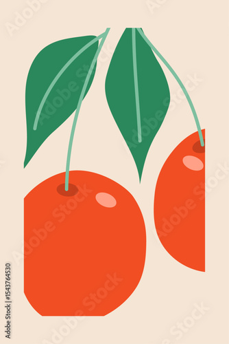 Botanical hand drawn cherry fruit with leaves on beige background. Vector illustration.
