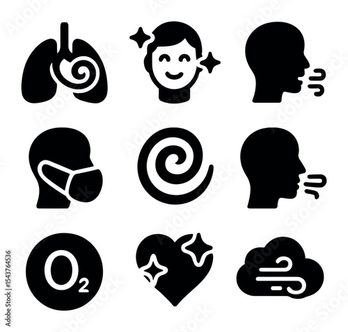Respiratory Health Icons. Solid, filled icons set of respiratory health and wellness: lung swirl, healthy glow