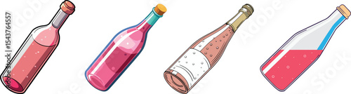 Collection of Rose Wine Glass Bottles – Flat and Glossy Vector Art. 