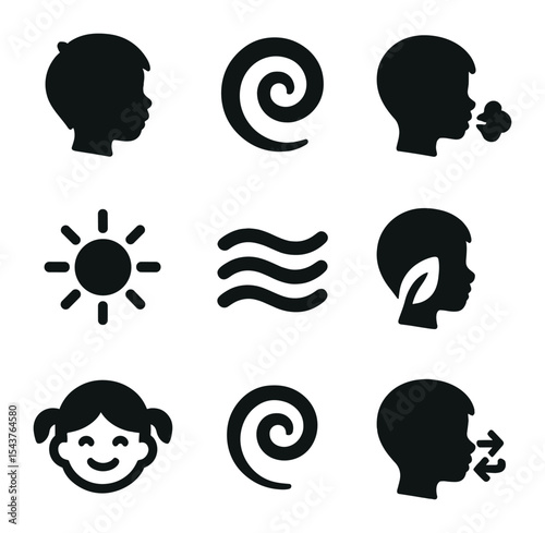 Child Growth Icons. Solid, filled icons set of child breathing and growth: kid icon, playful swirl, calm
