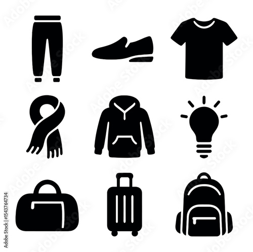 Travel Essentials Icons. Solid, filled icons set of comfort travel essentials: travel jogger, slip shoe, soft
