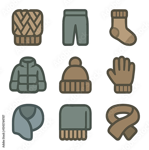Cozy Winter Icons. Solid, filled icons set of cozy winter comfort: thick knit, fleece pant, warm sock, puffy
