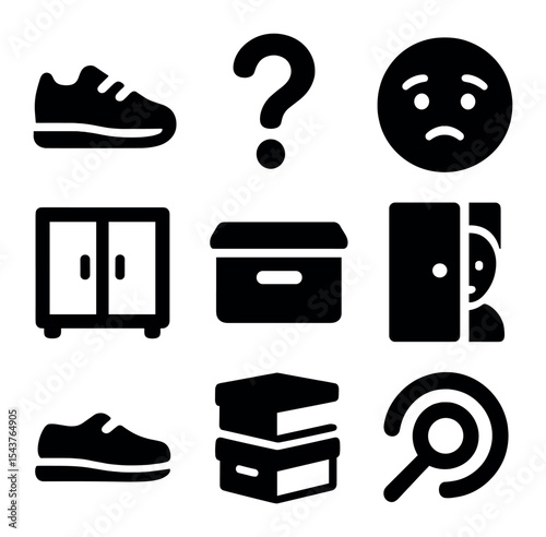 Shoe Search Icons. Solid, filled icons set of shoe search basics: shoe icon, question mark, puzzled face,