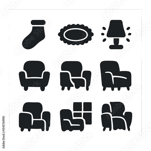 Cozy Morning Icons. Solid, filled icons set of cozy home morning: sock icon, soft rug, warm light, gentle glow