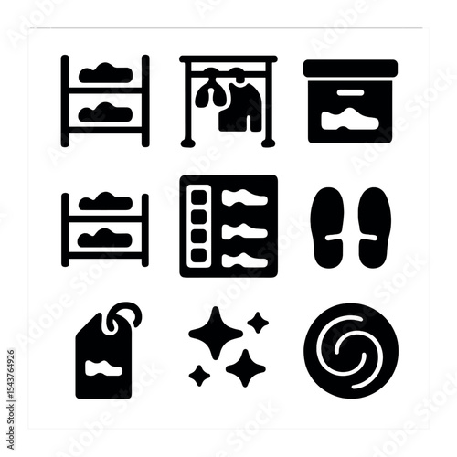 Organized Shoe Storage Icons. Solid, filled icons set of organized shoe storage: shoe shelf, closet rack, box