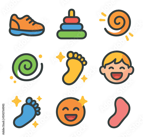 Kids' Shoe Chaos Icons. Solid, filled icons set of kids’ shoe chaos: little shoe, scattered toy, play swirl,
