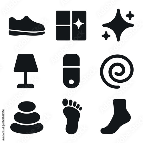 Minimalist Lifestyle Icons. Solid, filled icons set of minimalist lifestyle: simple shoe, clear floor, clean