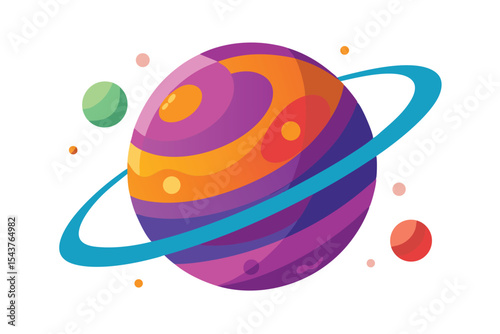 Colorful stylized illustration of a planet with rings and orbiting smaller celestial bodies.