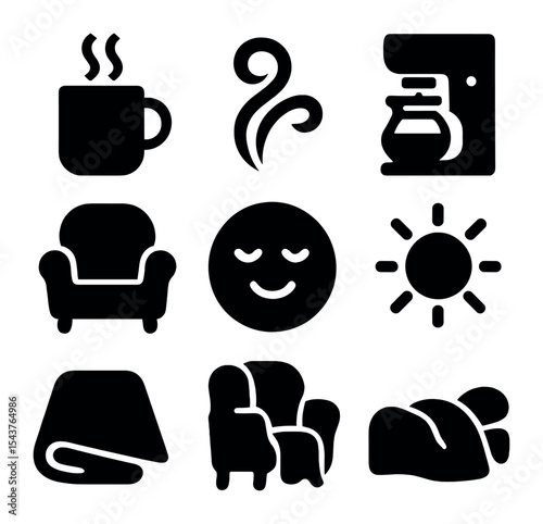 Cozy Morning Icons. Solid, filled icons set of cozy morning coffee ritual: warm mug, steam swirl, fresh brew,