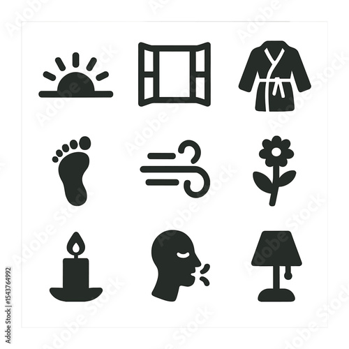 Morning Vibe Icons. Solid, filled icons set of peaceful morning vibes: sunrise glow, open window, soft robe,