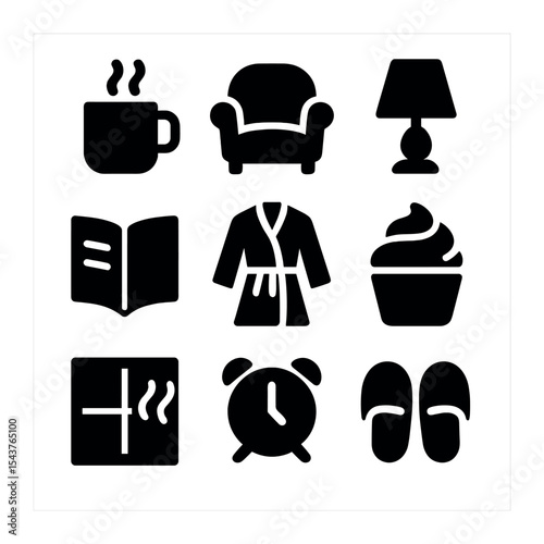 Weekend Morning Icons. Solid, filled icons set of weekend morning ease: slow coffee, soft chair, calm light,