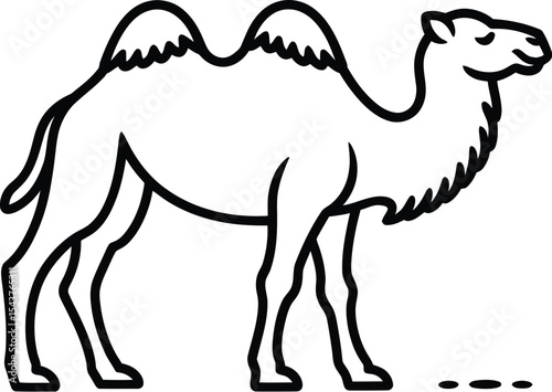 A simple black and white line drawing of a two humped camel standing still
