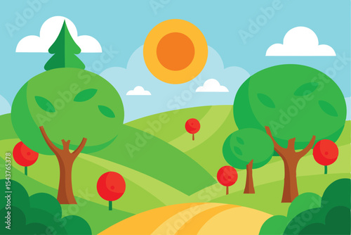 A vibrant, flat design landscape scene featuring rolling hills, trees, and a path.