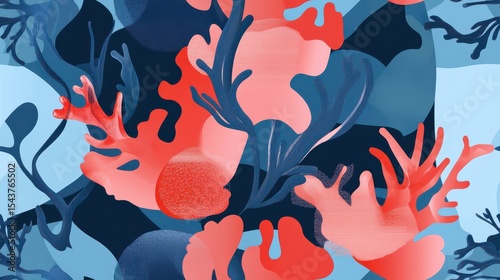 Vibrant Coral and Leafy Seamless Pattern, Abstract Floral Design Elements, Rich Textures and Colors, Modern Artistic Representation