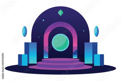 Mystical portal scene with glowing arches, platform, and ethereal pillars.