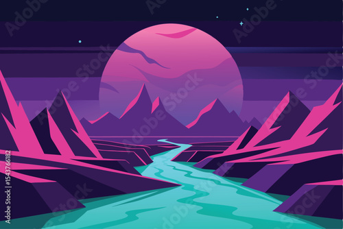 Serene alien landscape at night, featuring a vibrant pink moon, turquoise river, and purple mountains.