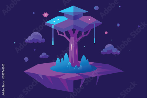 A stylized, geometric tree floats on a purple island in a dark, starry sky.