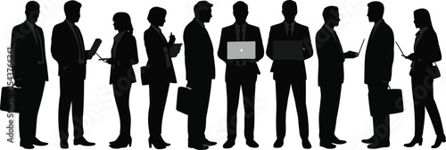 Silhouette of business people standing with laptops and briefcases in a row