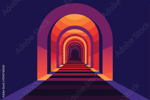 A stylized illustration of a long, arched tunnel with vibrant, gradient lighting.